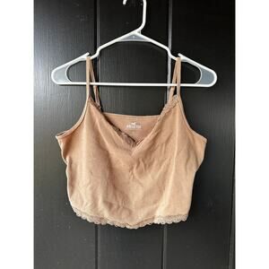 Hollister Must-Have Collection Ribbed Lace Trim Cami Tank Top in Tan Neutral